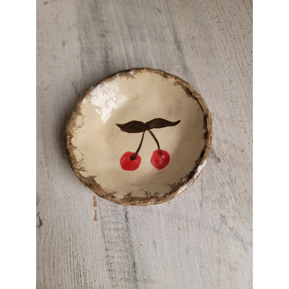 Small cherry trinket glazed pottery dish home decor figure unique fruit